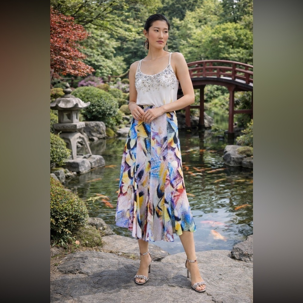 NWT ANTHROPOLOGIE SILKY ABSTRACT PRINT A-LINE TRUMPET FLARED MIDI SKIRT MULTI 0.